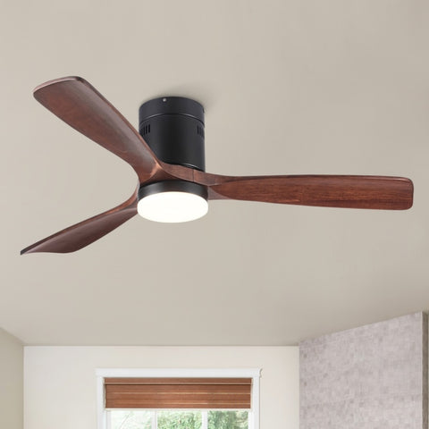 ZUN Flush Mount Ceiling Fan with Integrated LED Light in Solid Wood Blades W136760503