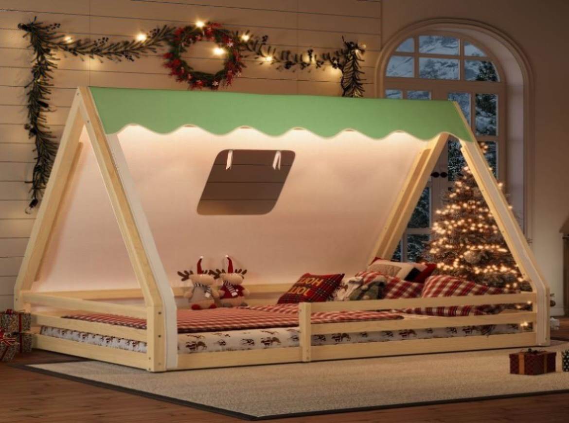 Full Size House Floor Bed with Tent and Light, Solid Wood Teepee Floor ...