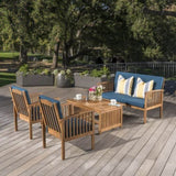 ZUN Outdoor Acacia Wood Sofa Set with Water Resistant Cushions, 4-Pcs Set, Brown Patina / Teal Blue 59116.00DT