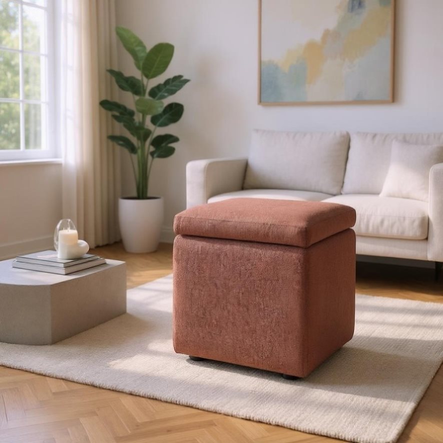Curated visual reference: Fresh Look at Brown Linen Textured Storage Ottoman With Black Rubber Feet Compact