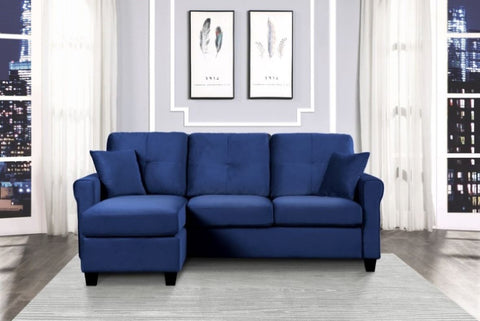 ZUN Modern Living Room Sectional Sofa Reversible Chaise with 2 Pillows Blue Velvet Upholstered Tufted B011P184507