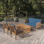 ZUN Outdoor Acacia Wood Sofa Set with Water Resistant Cushions, 4-Pcs Set, Brown Patina / Teal Blue 59116.00DT