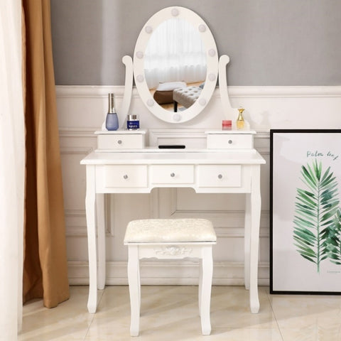 ZUN FCH With Light Bulb Single Mirror 5 Drawer Dressing Table White 72228893