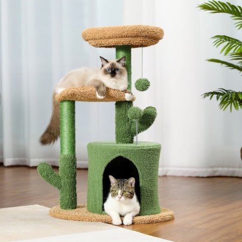 ZUN Cactus Cat Tree Cat Tower with Warmy Condo, Plush Perches, Sisal Scratching Post and Fluffy Balls 97073678