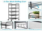 Black 5-Tier Mesh Rolling Cart with 5 Baskets & 5 Hooks, Lockable Universal Wheels 84640664