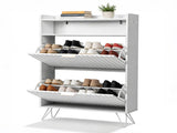 Shoe cabinet with slatted front panel and side panels, two compartments with top-opening lids, two 54294808
