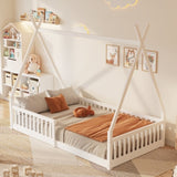 Twin Size Wood House Bed with Fence, White 28986741