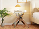 20" x 20" x 22.5" Glass Side Table, Silver Tempered Glass End Table with Intersecting Metal Base 59734573