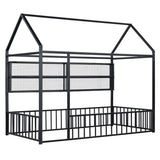 Twin Size Metal Bed House Bed Frame with Fence and Shelves, Black N737P175360B