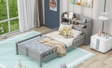 Wood Twin Size Platform Bed with Built-in LED Light, Storage Headboard and Guardrail, Antique Grey WF308150AAE