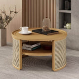 2-Tiered Round Natural Wood Coffee Table with Storage Rattan Base in 31.3'' N735P185131N
