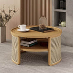 ZUN 2-Tiered Round Natural Wood Coffee Table with Storage Rattan Base in 31.3'' N735P185131N