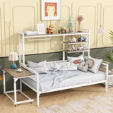 ZUN Twin size Metal Daybed with Movable Desk, Metal Grid, Shelves and Clothes Hanger, White N737P199195K