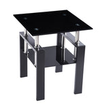 2-Piece Tempered Black Glass Sofa Table, Black Noghtstand with Metal Leg for Living Room W1718127063