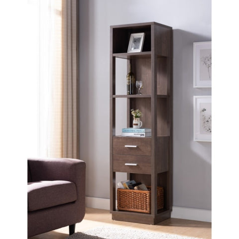 ZUN Media Tower, Display Storage Cabinet with Two Drawers and Open Shelving- Walnut Oak B107130999
