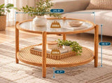 2-Tier Round Coffee Table, Water Ripple Glass Top, PE Rattan & Iron Frame, 74133085
