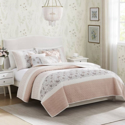 ZUN 6 Piece Cotton Percale Quilt Set with Throw Pillows Blush Full/Queen B035129025