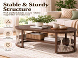2-Tier Oval Coffee Table, 37.8" x 19.7" x 18.1", Melamine MDF & Iron Frame, Rattan Shelf, Walnut 26028317