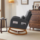 Grey Linen Rocking Chair Nursery with Thick Headrest, Upholstered Mid-Century Modern Nursing Rocker 63269617