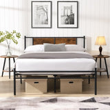Queen Size metal bedframe,Headboard with wood panel decoration,black 67358352
