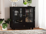 Minimalist Black Buffet Cabinet with Double Glass Doors and Drawer, Modern Wooden Storage Sideboard 26388624