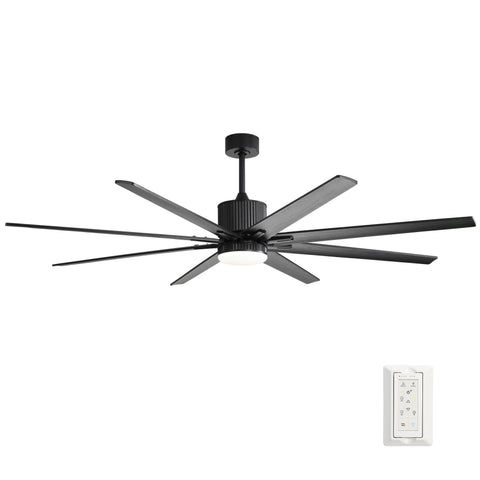 ZUN 76 Inch Ceiling Fan with 18W Dimmable LED Light Remote Control 8 Solid Wood Blades Black for Living W882P181684