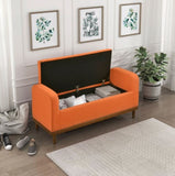 Mid-Century Modern Lift Top Storage Bench 1pc Tufted Orange Upholstered Solid Wood Walnut Finish B011P169818
