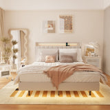 Full Floating Bed Frame with LED Light and Charging Station Upholstered Platform Bed Frame Queen W636P311067