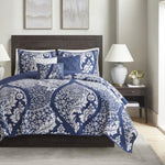 ZUN 6 Piece Printed Cotton Quilt Set with Throw Pillows Indigo Full/Queen B03597520