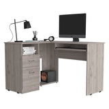L-Shaped Desk, Keyboard Tray, Two Drawers, One Open Shelf, Light Gray B097133036