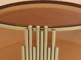Modern Brown Glass Coffee Table, Asymmetrical Metal, Circular Metal Drum Base, Gold Finish & Lower N735P177478D