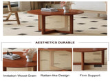 A natural and elegant deep red wooden coffee table with artificial rattan decorations, perfect for a W1151140563