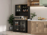 72" Black Kitchen Pantry Storage Cabinet with Hutch, Large Countertop & Adjustable Glass Door 08158916