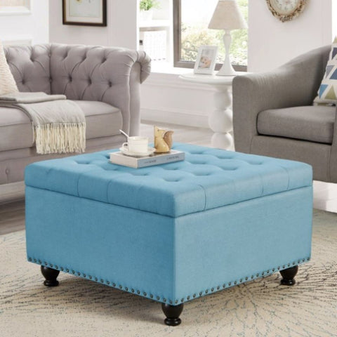 ZUN Large square storage ottoman with wooden legs, Upholstered button tufted coffee table with nail W2186P164303