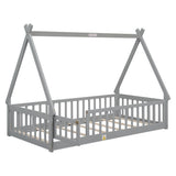 Twin Tent-shaped Floor Bed, with Guardrails, Slats, Door ,Grey W504119500