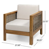 Outdoor Acacia Wood Club Chair with Wicker Accents, Teak Finish Mixed Brown Beige, 30.25"D x 68942.00BGE
