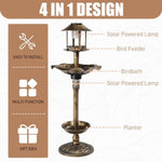 ZUN Outdoor Solar Lighted Pedestal Bird Bath Resin Fountain Decoration with Planter and Feeder, 54485687