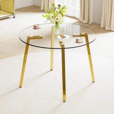 ZUN Modern minimalist style circular transparent tempered glass table, tempered glass tabletop, golden W1151138118