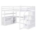 ZUN Full Size Loft Bed with Desk and Shelves, Two Built-in Drawers, Storage Staircase, White 48024197