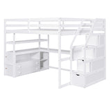 ZUN Full Size Loft Bed with Desk and Shelves, Two Built-in Drawers, Storage Staircase, White 48024197