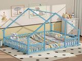 Queen Size Montessori Kids Floor Bed Frame, Playhouse Bed with Triangle Roof Frame, FullSurround 49747986