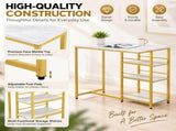 Bar Table and Stool Set 1 Table 2 Stools, White Marble Pattern MDF Tabletop & Gold Metal Frame, 19492848