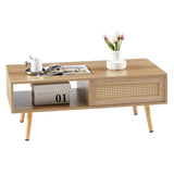 ZUN 41.34" Rattan Coffee table, sliding door for storage, solid wood legs, Modern table for living room W126573113