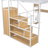 Full Size Metal Loft Bed with Built-in Work Station, Wardrobe, Storage Staircase and LED, White 78792217