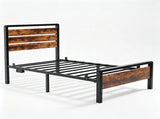 Twin Size Metal Bed Frame, 3-Panel Fire Burnt Brown Wood Grain Headboard with LED Light & Charging 06892471