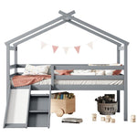 ZUN Twin Low Loft House Bed with Slide, Ladder, Safety Guardrails, House Roof Frame,Grey 74742872