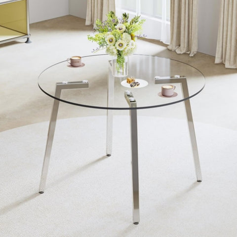 ZUN Modern minimalist style circular transparent tempered glass table, tempered glass tabletop, silver W1151138074