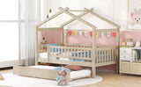 Twin Size Wooden House Bed with Twin Size Trundle, Natural WF302178AAN