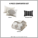 4 Piece Printed Comforter Set with Throw Pillow Black/Ivory Full/Queen B035P148340