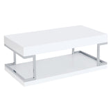 ZUN White High Gloss and Chrome Coffee Table with Bottom Shelf B062P181385